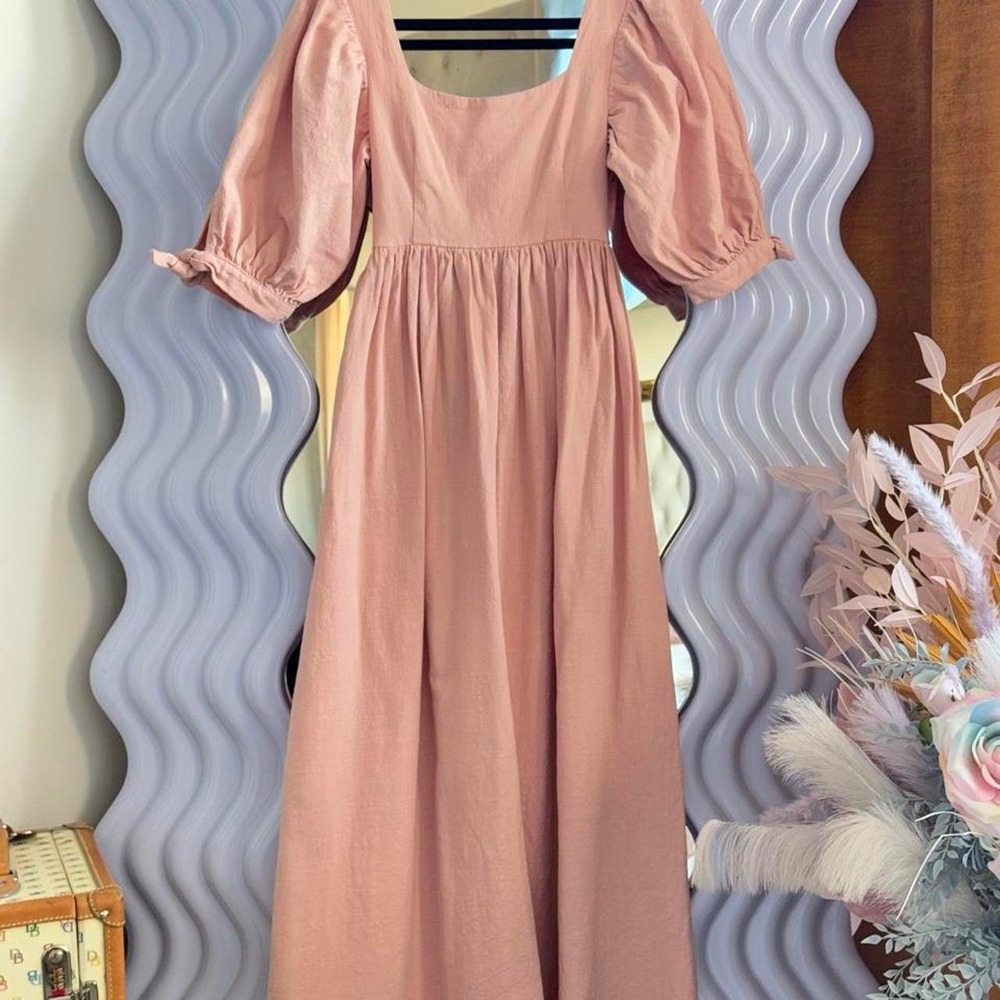 Labelrail x Collyer Twins Pink Puff Sleeve Back Tie Midi Dress Pockets Size 8